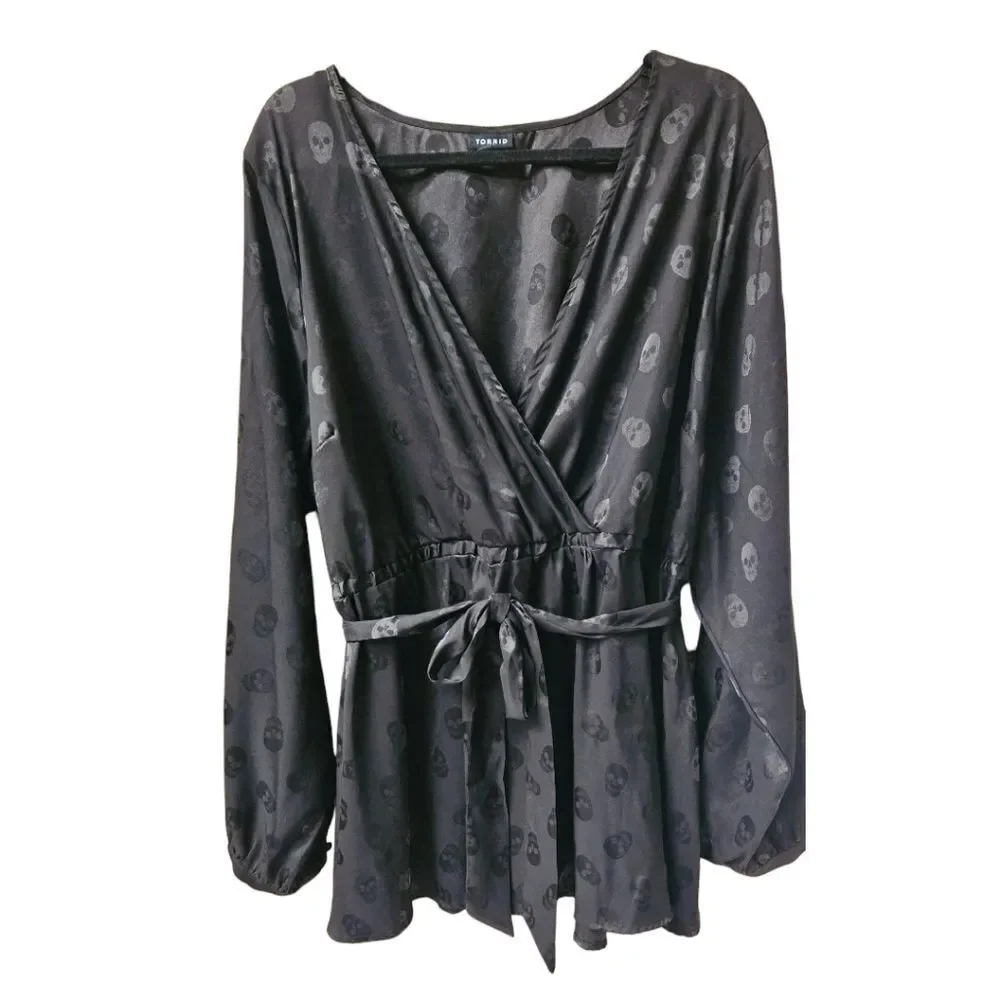 TORRID Plus Size Black Skull Jacquard Surplice Top - Picture 2 of 16